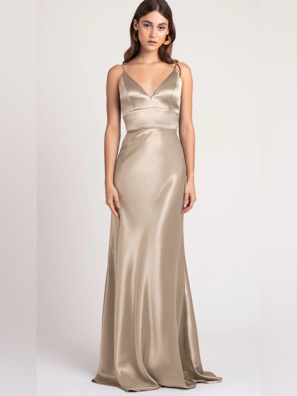 Jenny Yoo Satin V-Neck Column Bridesmaid Dress in Champagne Gold